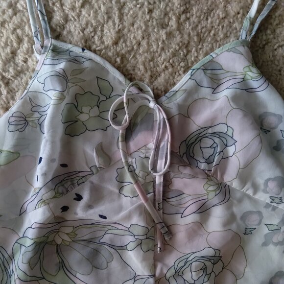 Y2K Nexx Sheer Cream Floral Print Tank Top with Ruching and Bow Tie Front Size S - Picture 2 of 4